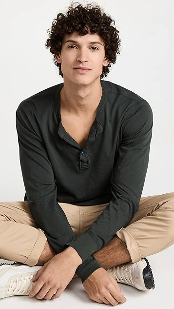 Save Khaki Long Sleeve Supima Henley 3 Save Khaki Long Sleeve Supima Henley